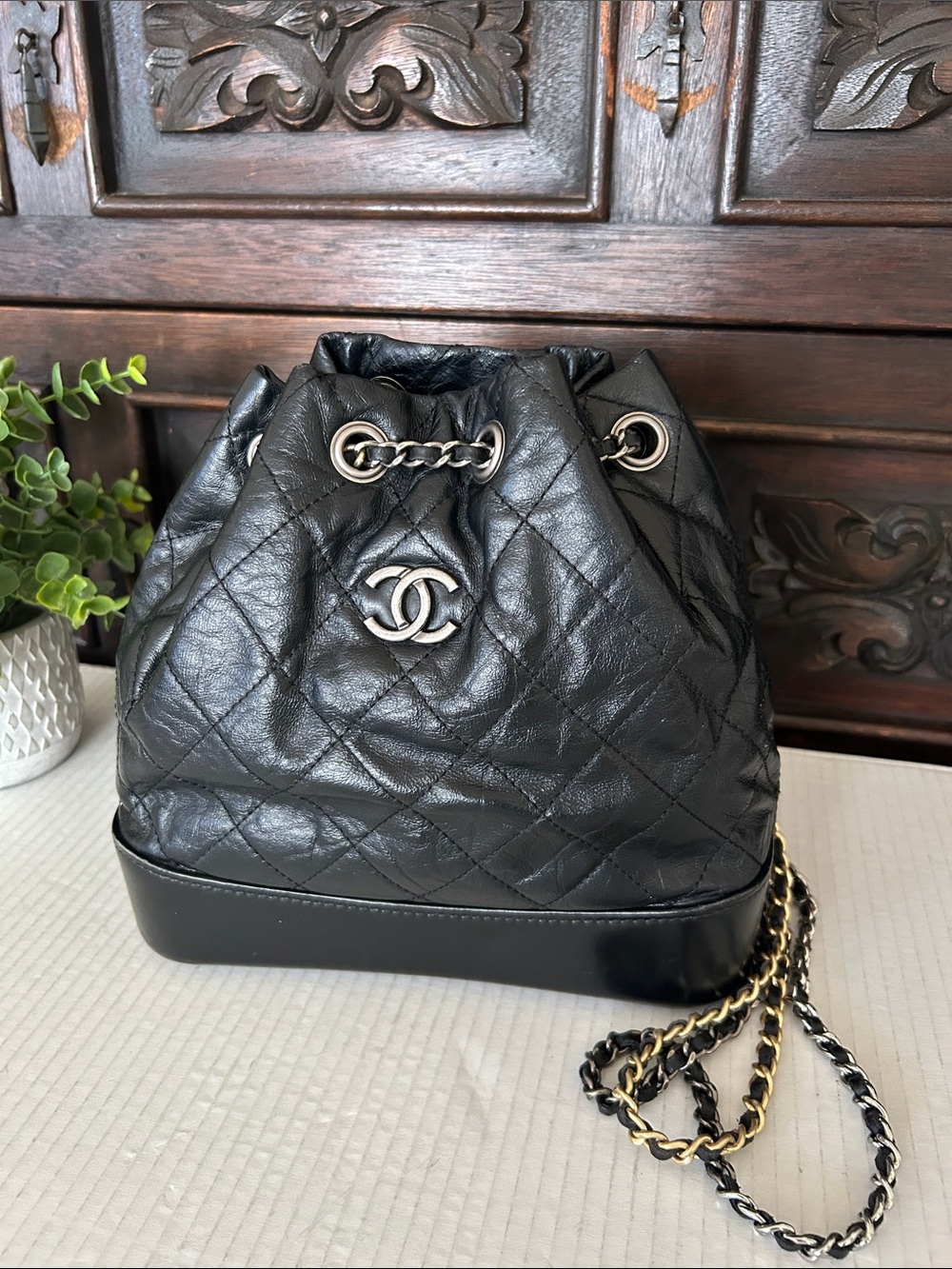 Beautiful Black Quilted Leather Drawstring Crossbody Bucket Bag